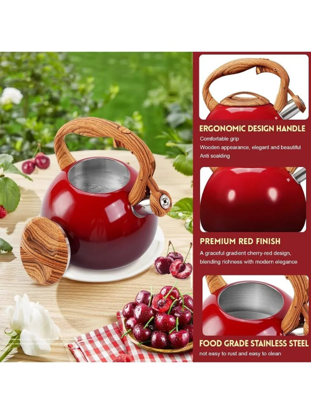 Kitchen Cherry Red Boiling Water Coffee or Milk Wood Pattern Handle Tea Kettle